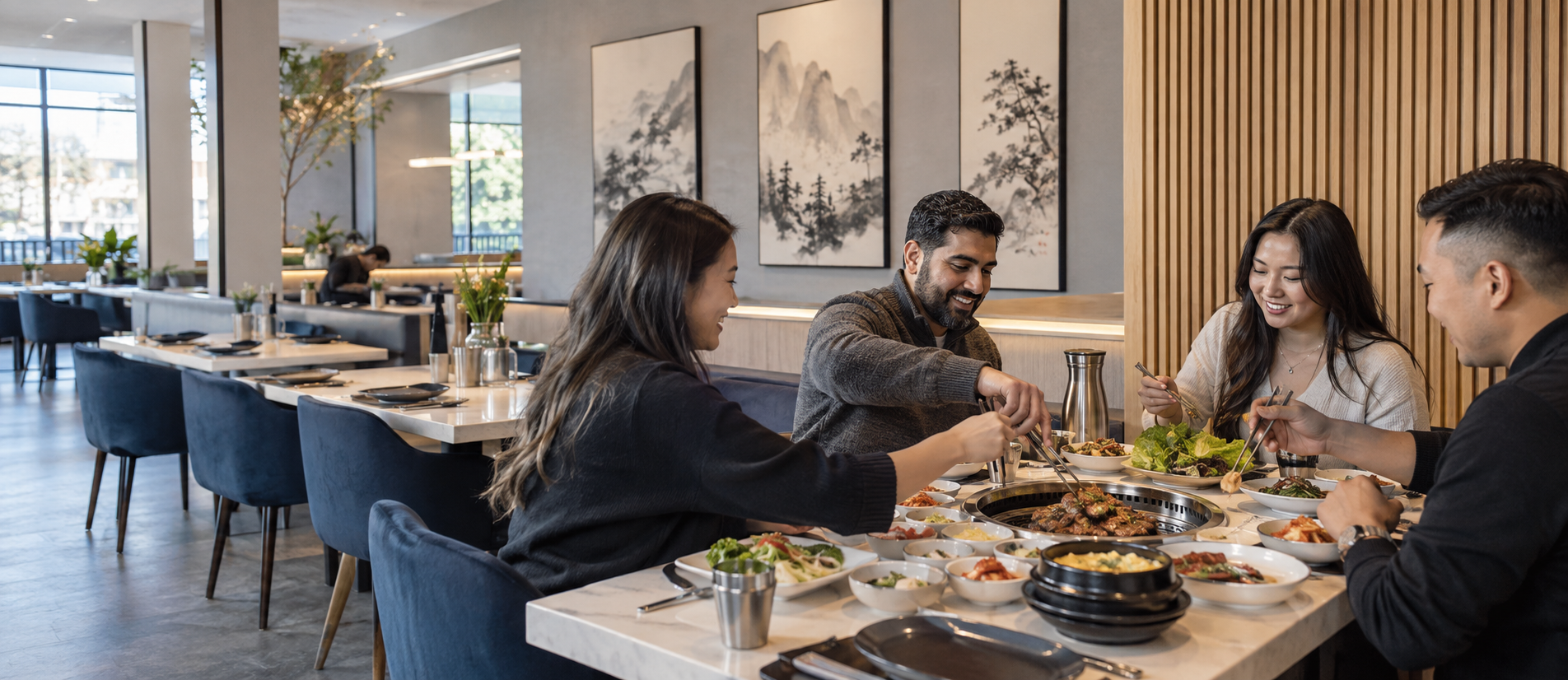 Friends sharing Korean BBQ in a bright contemporary dining room