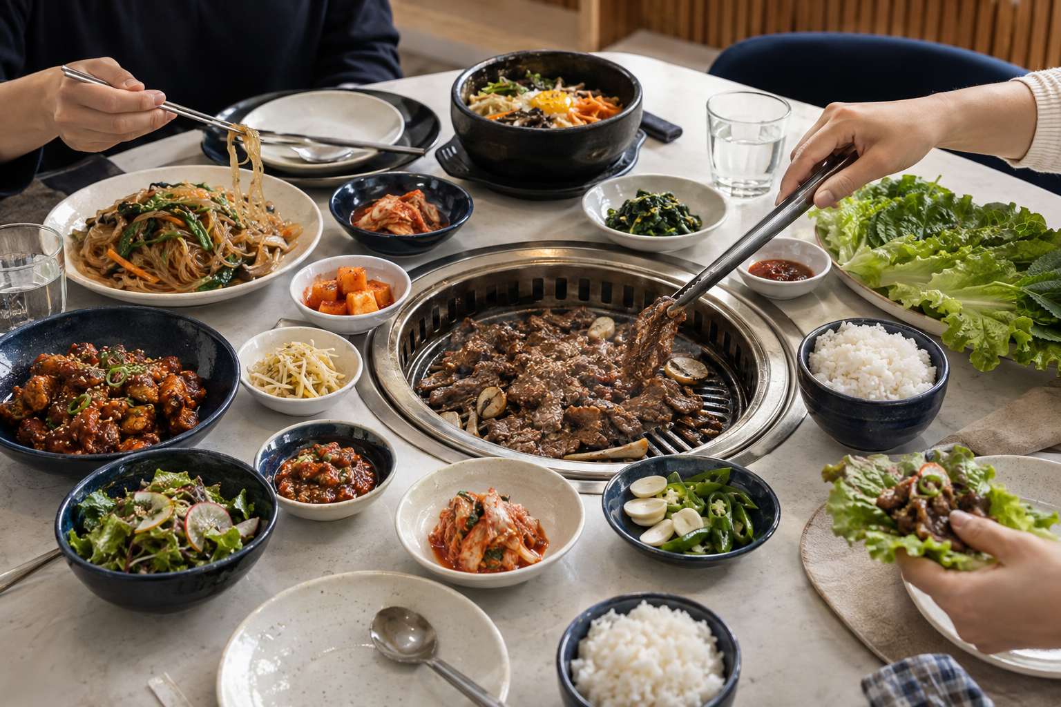 A Korean barbecue table with bulgogi, japchae, bibimbap and banchan